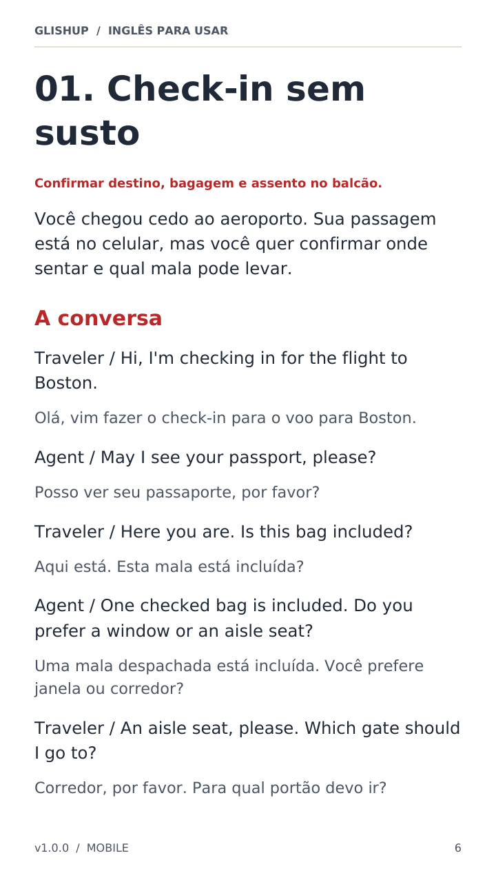 Página da amostra de Inglês de Viagem em 20 Missões. Abra o PDF para ler.